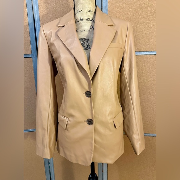 A New Day Tan Vegan Faux Leather Blazer Women’s SMALL 2 Button Jacket Chic - Picture 5 of 10